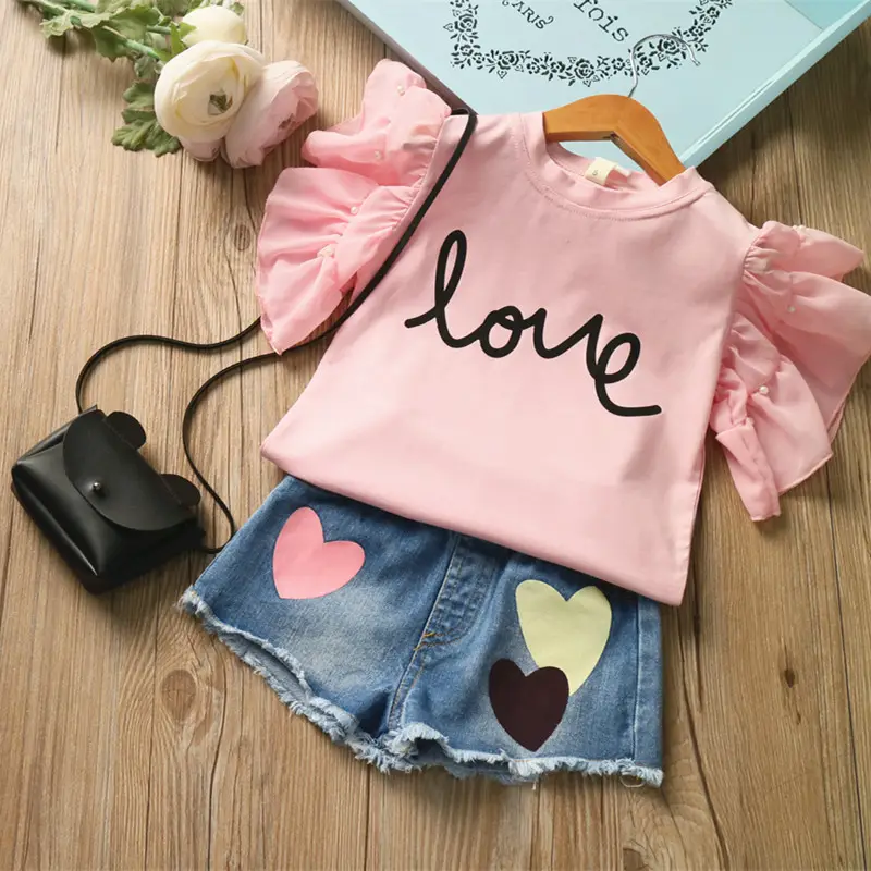 2020 kids 4 years pink flying sleeve love letter t shirt heart pattern shorts baby african clothing for children