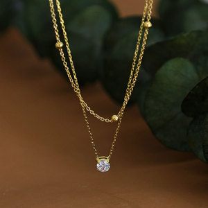Collier double en acier inoxydable plaqué or 18 carats avec zircon, résistant à l'eau et inaltérable, avec logo personnalisé, pour femme - Product Image 3