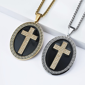 <b>Cross</b> Pendant Necklace For Men Stainless Steel Pave Setting Black Oval Design Hip Hop Style Sweater <b>Chain</b> - Product Image 2
