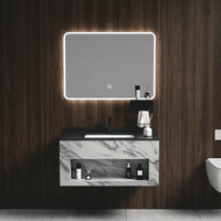 Miroir LED mural personnalisé, lavabo en pierre, table de toilette en PVC, meuble-lavabo pour hôtel et appartement