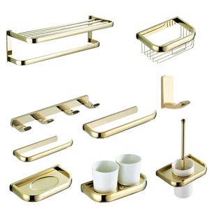 Porte-serviettes mural portable en laiton doré, ensemble de huit pièces, accessoires de rangement pour salle de bain - Product Image 1