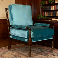American Traditional Navy Blue Velvet Wingback Chair Spindle High Back Accoudoir Solid Wood Leisure Chair for Home Office Living