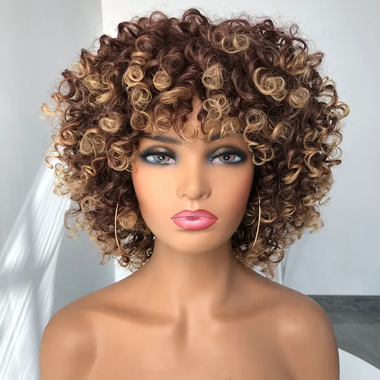 Vendor cheap wholesale afro curly kinky straight wig hair short synthetic wigs Synthetic Afro Kinky Curly Wigs with bangs fiber