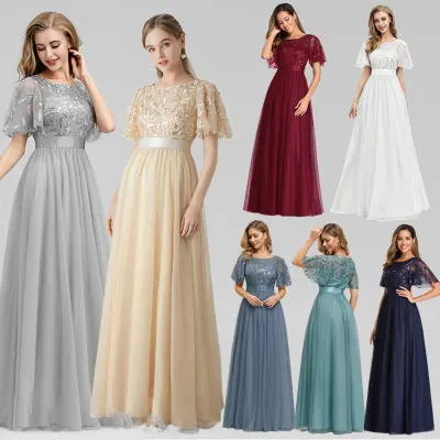 Hot latest Plus Size O-neck Ladies Elegant Solid Color Sequins Evening Dress chiffon Formal Dress long bridesmaid dresses