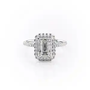 Custom 9k 10k 14k 18k Solid Gold 2ct D Vvs Emerald Cut Moissanite Shoulder Set Classic Halo Engagement Ring for Women