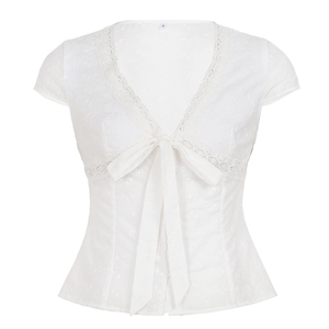 Blusa bohemia rústica de color liso con cuello en V y cordones para mujer - Product Image 6