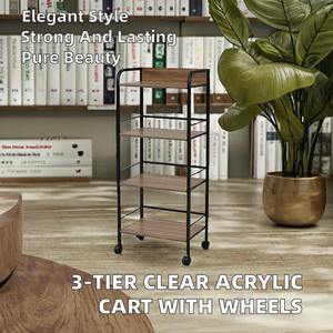 Chariot de cuisine moderne à 3 niveaux en acrylique transparent avec cadre en métal doré et 4 roulettes, type autoportant pour rangement - Product Image 2