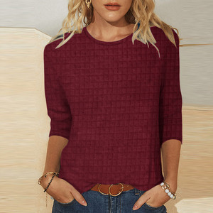 Magliette Casual in Maglia Waffle a Trama <span class=keywords><strong>Morbida</strong></span> per Donne, Collo Tondo, Manica Tre Quarti, Vestibilità Ampia, Blusa Basic Ideale - Product Image 2