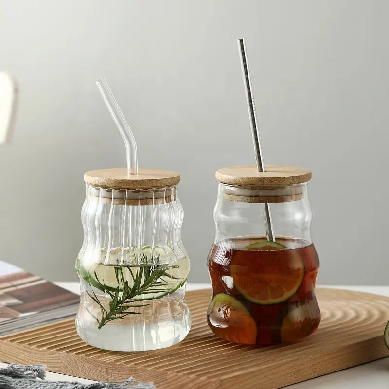 500ML Glass Cups With Lid and Straw Mason Jar Clear Juice Milk Cup With Bamboo Lids Drinkware Simple Stripe Juice Milk Mocha Cup