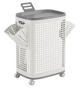 <b>Plastic</b> Laundry <b>Basket</b> with Lid and Wheels, Clothes Hamper with Side Compartments and Brakes, Portable Laundry Hamper on Wheels - Product Image 1