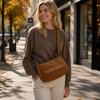 Sac bandoulière en velours côtelé personnalisé avec logo, fermeture éclair, sangle réglable, style tendance, motif simple, pour femme, vente en gros