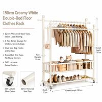 Porte-vêtements autoportant portable pour micro-studio, avec cadre de 32 mm, rail unique et rangement à niveaux, couleur crème