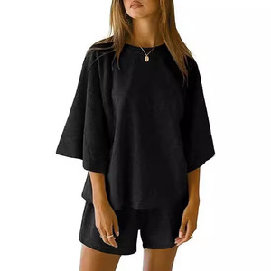 Ensemble 2 pièces pour femmes, haut à manches trois-quarts, short à taille élastique, costume décontracté, couleur unie, SMLXLXXL, blanc, noir, gris, bleu, kaki - Product Image 3