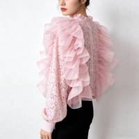 Chemisier rose à volants en dentelle pour femme - Haut à manches longues superposé en tulle transparent