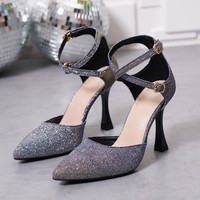 Escarpins de luxe pour femmes à bout pointu, scintillants, talons hauts, double bride croisée à la cheville, pour soirée et mariage, support OEM/ODM
