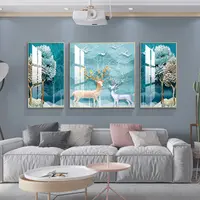 Lukisan Dinding Nordik Desain Baru Lukisan Dinding Modern dengan Kaca Organik 3 Panel Lucu Rusa Kristal Porselen untuk Dekorasi Rumah