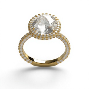 Bague de fiançailles de luxe plaquée or 18K 14K avec diamant ovale et halo pavé, et bague solitaire avec diamant de laboratoire taille brillant rond - Product Image 2