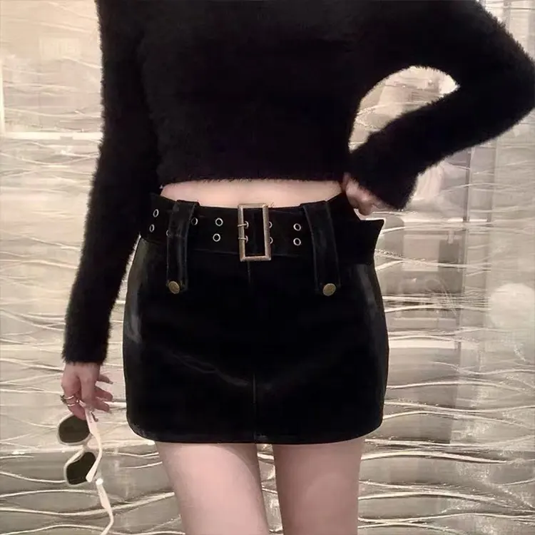 Wholesale Price SUmmer Sexy Streetwear Black PU Leather Mini Woman Skirt