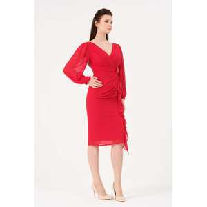 1618 Vestido de noche con cuello en V, de gasa, con lazo y cintura natural, color rojo - Product Image 3