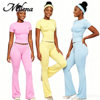 Ensemble deux pièces pour femmes avec t-shirt à manches courtes à logo personnalisé et pantalon à ourlet évasé, coupe régulière, sport décontracté, printemps/été, spandex/coton