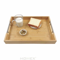 Ensemble de produits de décoration intérieure en bambou d'usine BSCI de 2 plateaux de service en bambou avec poignées en métal pour le petit déjeuner et le thé