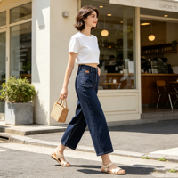 Jean taille haute pour femme, coupe large, extensible, longueur cheville, effet usé, 4 poches, bouton et fermeture éclair