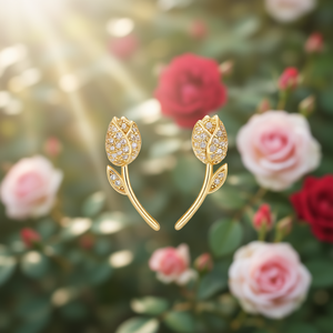 Orecchini a Perno E1955 in Oro Bianco con Fiore, Diamanti Taglio Brillante Rotondo, Micro Incastonatura, Romantici per Uso Quotidiano Femminile - Product Image 2