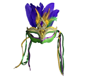 หน้ากากงานคาร์นิวัลมาร์ดิกราส์พร้อมพู่ดีไซน์ทันสมัยขนนกสีม่วงสีเขียวทองสำหรับตกแต่งงานปาร์ตี้ - Product Image 1