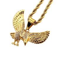 Colgante de águila de acero inoxidable 316L con circonitas pavé, tono dorado, pulido espejo, para hombre, unisex, hipoalergénico, personalizable