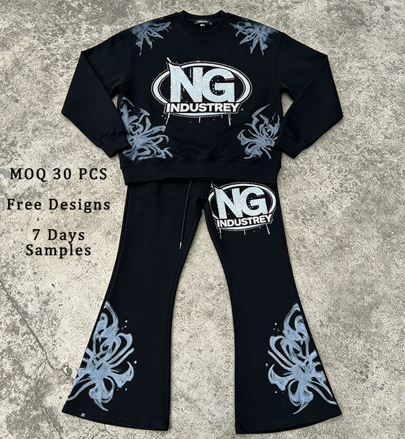 OEM Custom Street Style 500 Gsm 2 Pieces Set Wash Rhinestone Print Sweatshirts and Sweatpants Sweatsuit Baggy Oversize Tracksuit