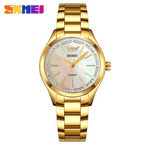 Skmei Women's Quartz Watch Gold Stainless Steel Strap Diamond Face Analog Business Style 9mm Thin Case - Product Image 1