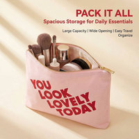 Sac de maquillage en toile rose grande capacité avec logo personnalisé, pochette de voyage pour cosmétiques, organiseur de toilette avec fermeture éclair dorée