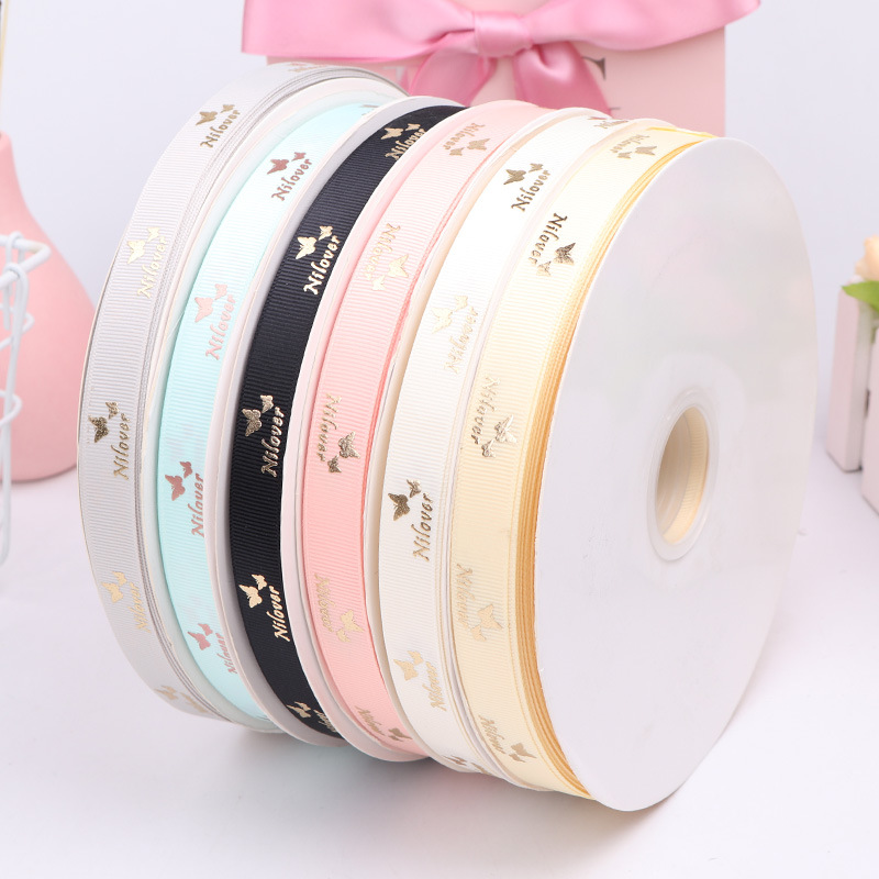Custom Embossed Logo Printed Gold Foil Gift Ribbons Floral Polyester Christmas Wedding Birthday Packaged Floral Printed Gift