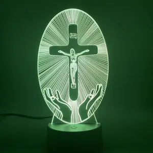 Vendita all'ingrosso stazione di 7 croce-Il Cristianesimo Ha Condotto La Luce di Notte Gesù Stazione di Religione Croce di Visualizzazione Colorato I Cristiani 3D Lampada