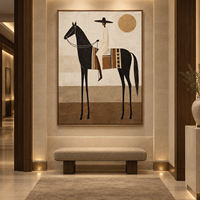 Peinture sur toile Wabi Sabi vintage représentant un cavalier équestre, art mural figuratif aux tons terreux pour la décoration de hall d'hôtel, villa ou bureau