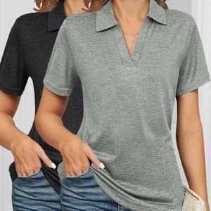 Custom <b>Women's</b> Solid Color 100% Cotton for Shirts Set Short Sleeve <b>V</b> <b>Neck</b> Casual <b>Tops</b> for Daily Wear and Office All Seasons - Product Image 1