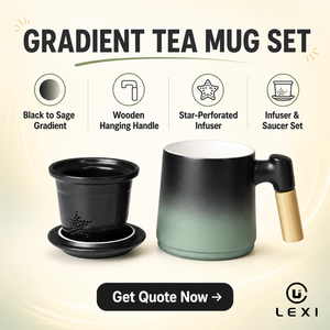 Ensemble de tasses à thé en porcelaine à feuilles détachables de couleur personnalisée avec poignée en bois, mug à café et à thé, 401-500 ml, compatible micro-ondes et lave-vaisselle, marque LEXI - Product Image 2