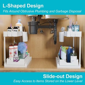 PET L-Shaped Under Sink Cabinet <strong>Storage</strong> Rack Plastic Multi-functional Kitchen Counter <strong>Organizer</strong> with Hanging Hooks Cup <strong>Hanger</strong> - Product Image 4