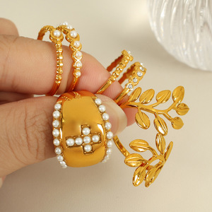 European American Style Gold Tone Pearl Cross Leaf <b>Ring</b> Jewelry Women's Party Accessories - Product Image 1
