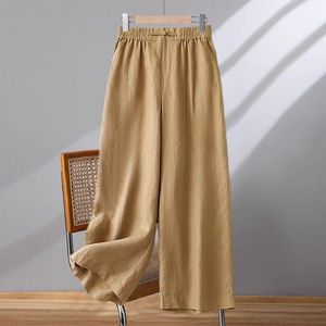 Cotton Linen Wide Leg Pants Women Elastic Waist Loose Fit Breathable Casual Pants Earth Golden Color - Product Image 2