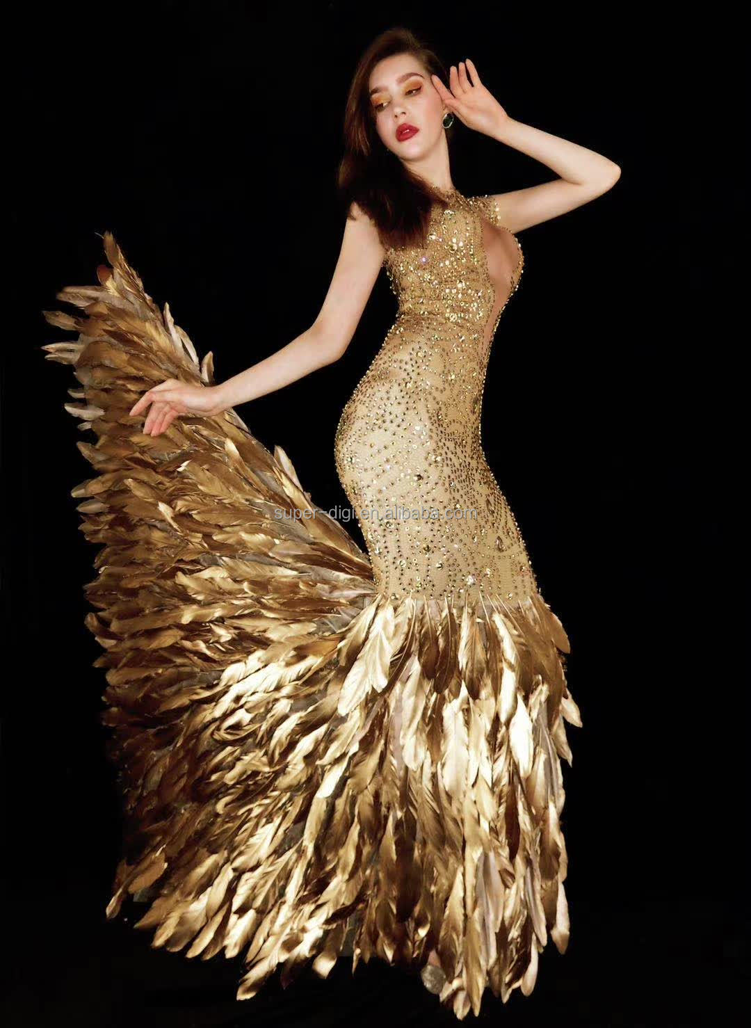 Women Singer Stage Show Gold Feather Dresses Long Feather Hem Evening Prom  Dresses Mermaid Dress
