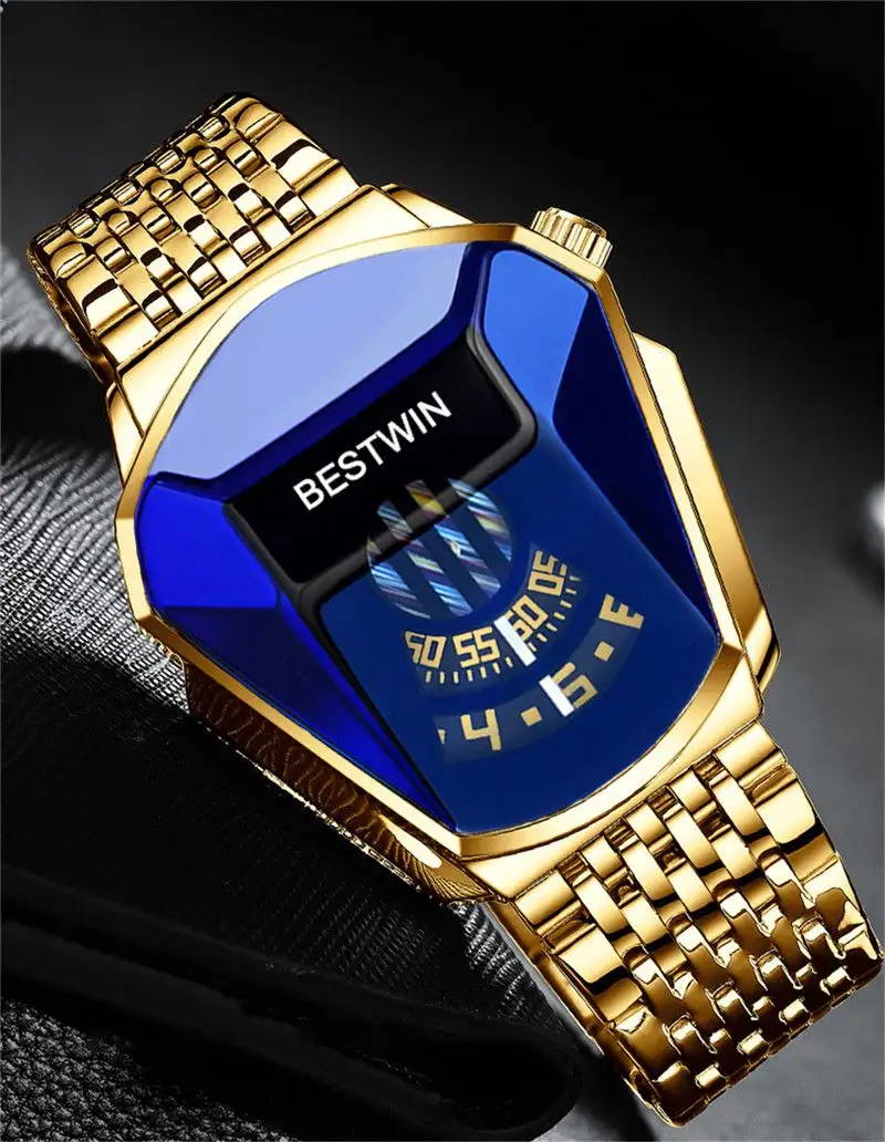 BESTWIN 6615 Luxury Brand Trend Cool Men's Wrist Watch Stainless Steel Technology Fashion Quartz Men Gold Relogio Masculino