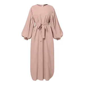 Women Abaya Robe Muslim Dress Retro Long Muslim Dress With Waistband