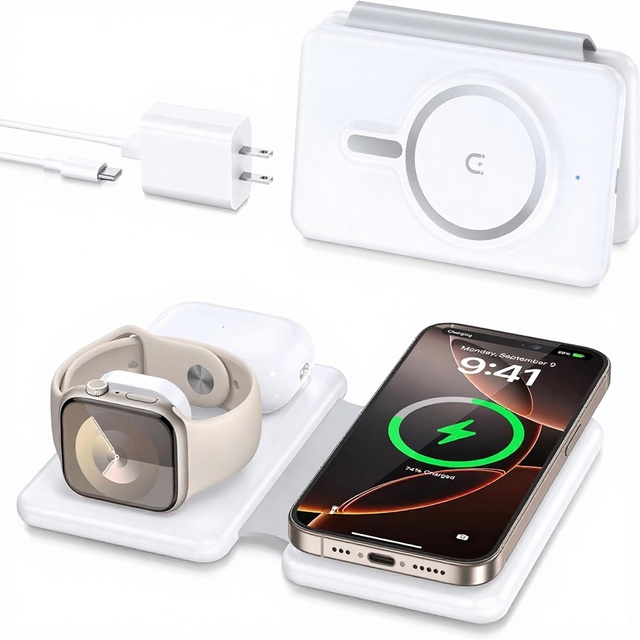 Magnetic Wireless Charger 3 in 1 Travel Charging Station for Apple Devices for iPhone 17-12 Pro Max Foldable Pad Watch Airpods