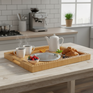 Plateau de service rectangulaire en bambou écologique, grand format, pour cuisine, avec plateau de rangement rectangulaire rond D=251,3 mm - Product Image 3