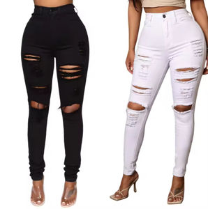 Viviblook Z0122PT01 Jeans pour femmes grandes tailles, nouveaux jeans déchirés noirs et blancs, pantalons élastiques pour femmes - Product Image 1