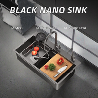 Évier de cuisine rectangulaire noir en acier inoxydable 304 nano, fait main, à cuve unique, avec robinet doré, évier intelligent