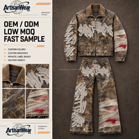 Ensemble veste en jean vintage marron et pantalon large pour homme avec détails effet brossé, style streetwear urbain, OEM ODM