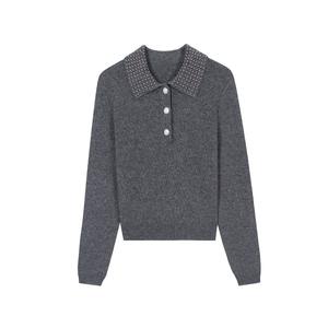 Pull en maille polyester/nylon à col polo à manches longues respirant vintage gris pour femmes, orné de strass - Product Image 5