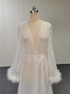 ثوب الملكات أثواب الزفاف بأكمام طويلة مع الريش فساتين نوم ليلية مثيرة للزفاف - Product Image 3